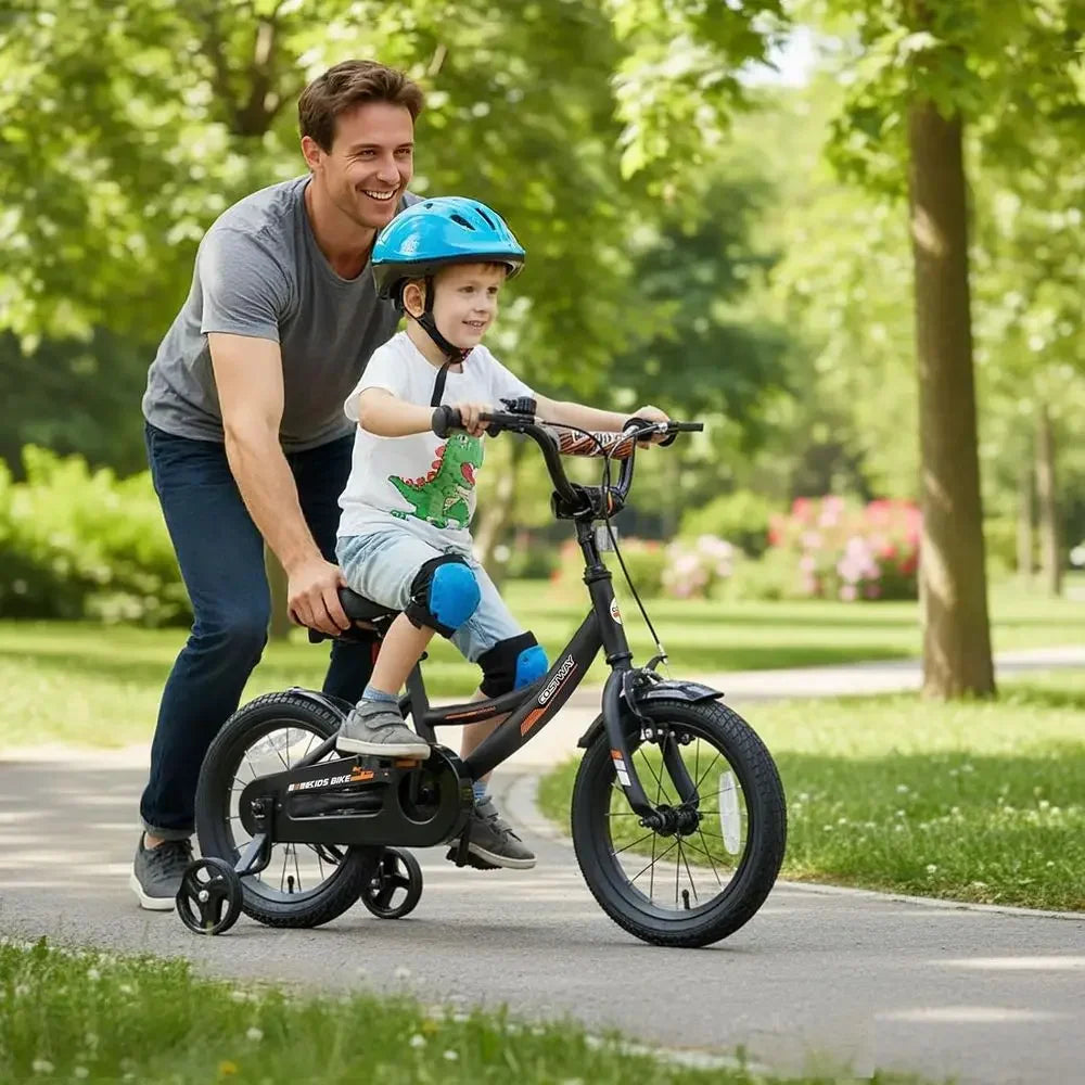 14 Inch Kids' Bike with Training Wheels, Dual Brakes, Adjustable Seat & Handlebar for Ages 3-8 (Black)