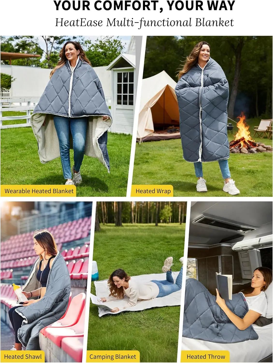 Portable Heated Blanket Battery Operated 12V Wearable Shawl Poncho Electric Outdoor Throw For Camping Traveling Picnics Car