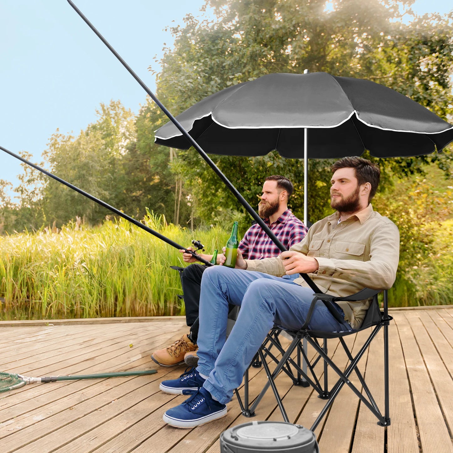 Portable Outdoor 2 Seat Folding Chair with Removable Sun Umbrella Steel Tube Oxford Fabric Heavy Duty for Fishing Black