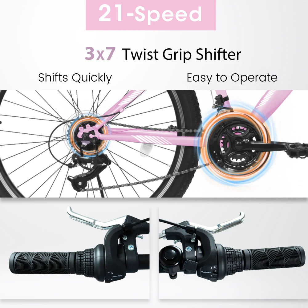 24/26 Inch Mountain Bike for Men Women Teens, High-Density Carbon Steel Frame, 21-Speed Drivetrain, Front Suspension, Front & Rear Dual V-Brakes, 80% Pre-Assembled All Terrain Bicycle