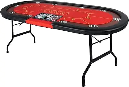 Upgrade 10 Player Poker Table, 84" Folding Oval Table with Stainless Steel Coasters & Cushion Rails, Casino Felt Top Texas Hold'