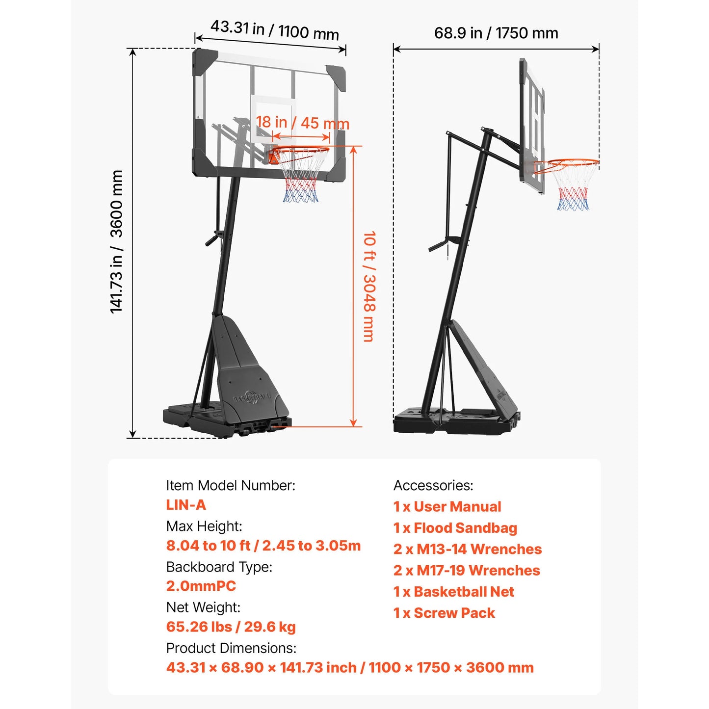 SucceBuy Portable Basketball Stand Height Adjustment Basketball Hoop & Goal Basketballs Hoop with 44 -54 inch PC Backboard