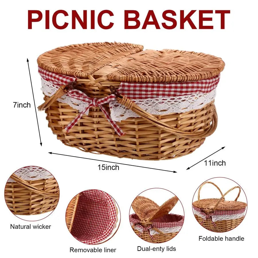 Picnic Basket with Blankets and Bamboo Plates Picnic Supplies Set Basket with Lid and Handle Wicker Picnic Basket Sturdy Woven B