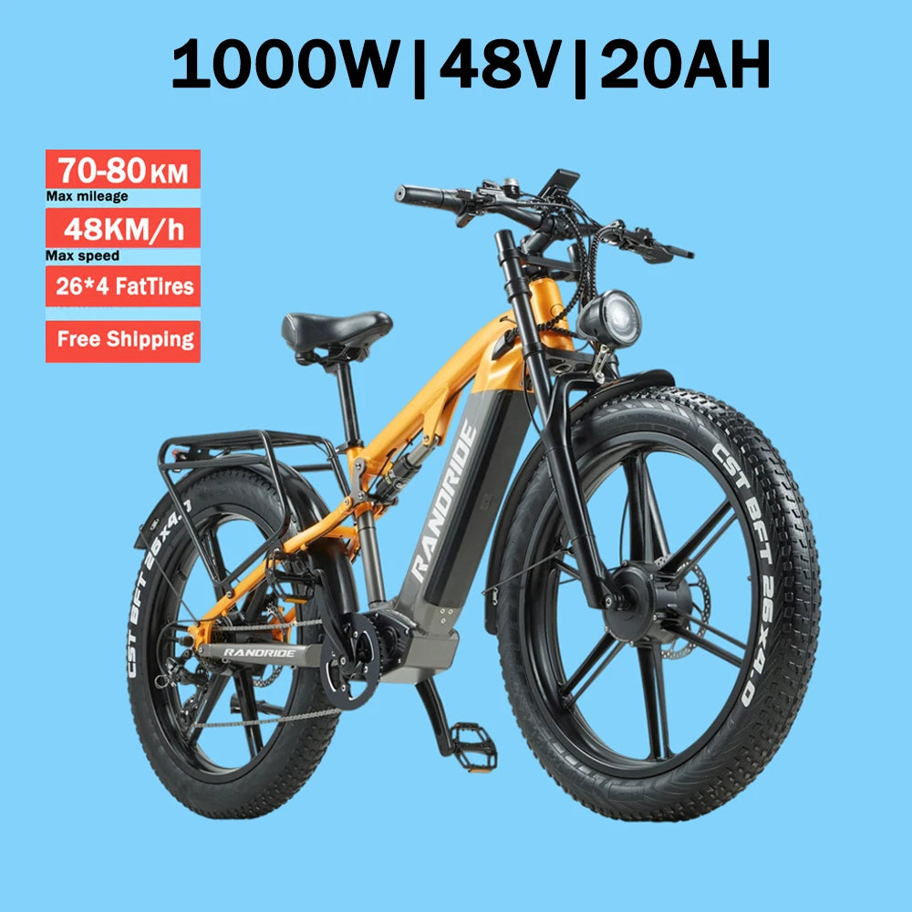 Electric Bicycle 1000W Motor 48V 20Ah Battery 50km/h E-Bike 26x4 Inch Tire Off-road Electric Bike Mountain Ebike Snowmobile Bike