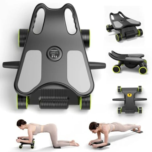 Ab Roller with Elbow Support for Core Workout 4-Wheel Mini Pilates Reformer Machine in Black Compact Home Gym Equipment for Abd