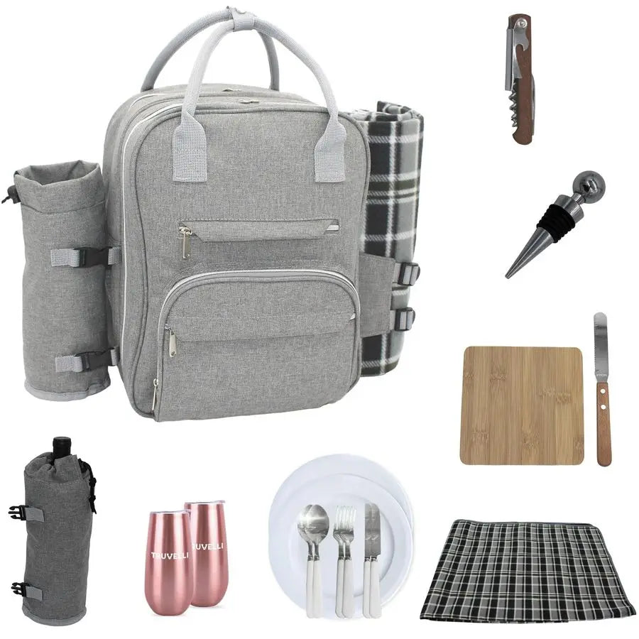 Picnic Backpack for 2 with Blanket 12in1 Insulated Picnic Basket Backpack Set with Wine Holder, Cutlery amp Cheese Board Luxury