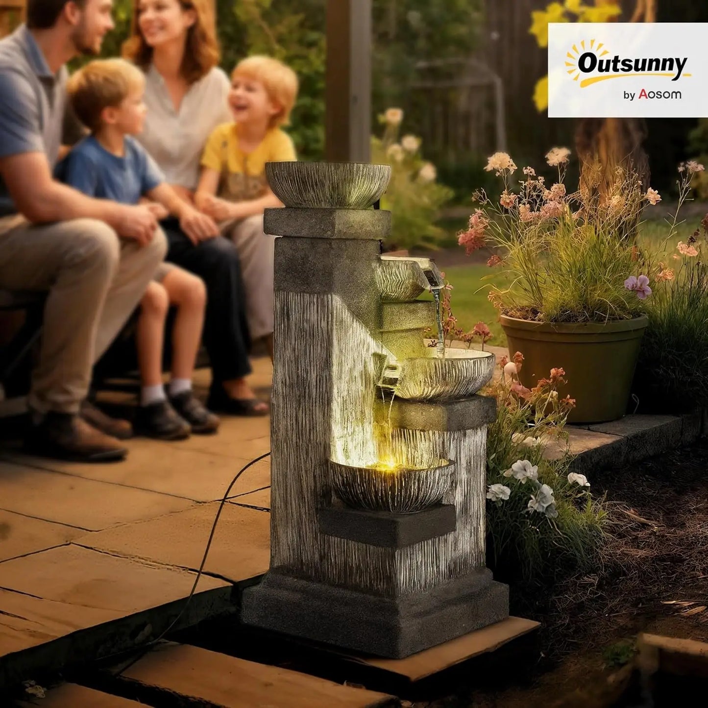 33.5" Tall Outdoor Water Fountain with LED Lights, 4-Tier Cascading Bowls for Garden Patio Backyard