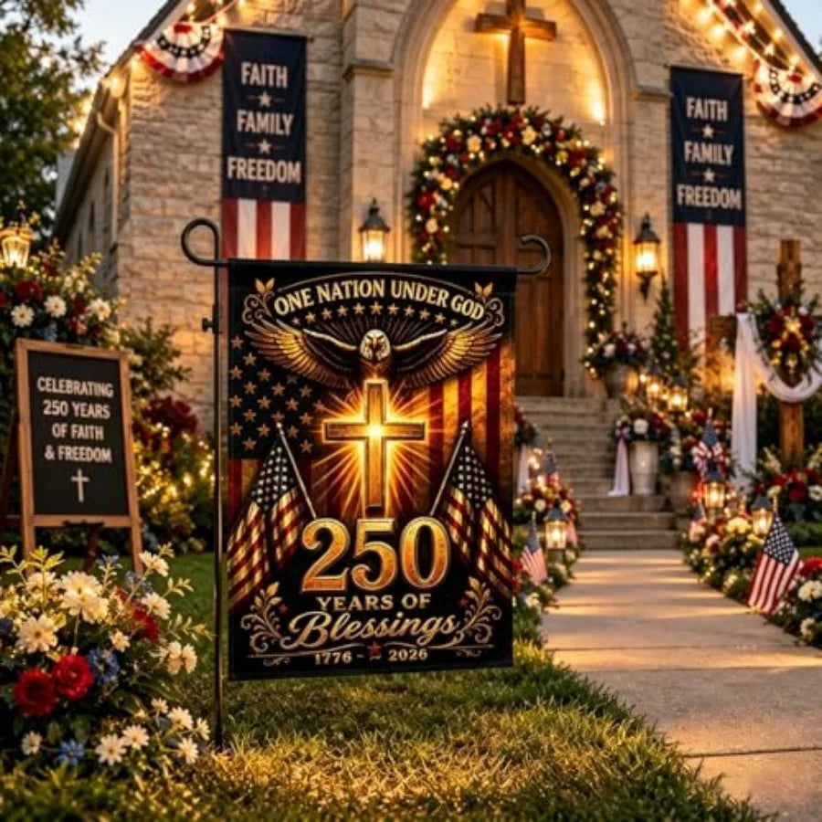 250 Anniversary USA Garden Flag, 250th Anniversary America Flag Double-Sided Waterproof Patriotic Eagle Cross Flag Christian Ou