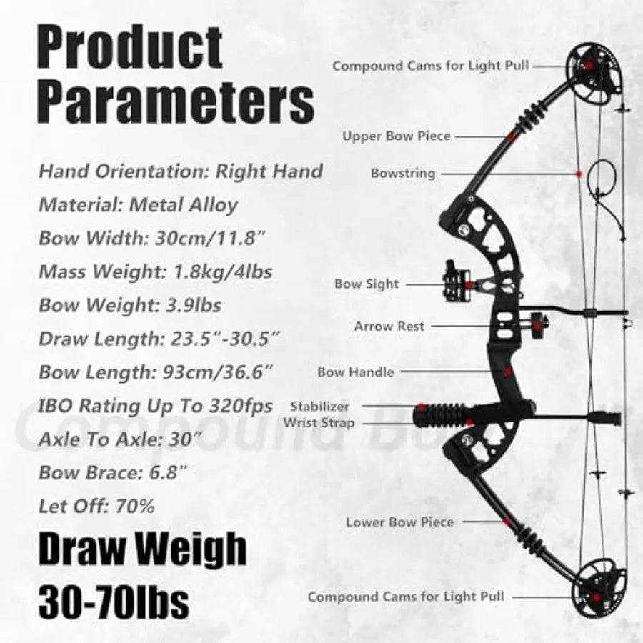 Compound Bow Kit for Outdoor Use Target Practice, Carbon Arrows Included, Adjustable 30-70lbs, Black with Durable Aluminum Allo