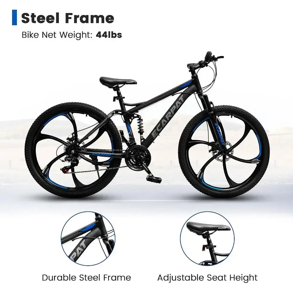 24/26/27.5 Dual Suspension Mountain Bike with 21 Speeds, High-Carbon Steel Frame, Disc/V Brakes for Men