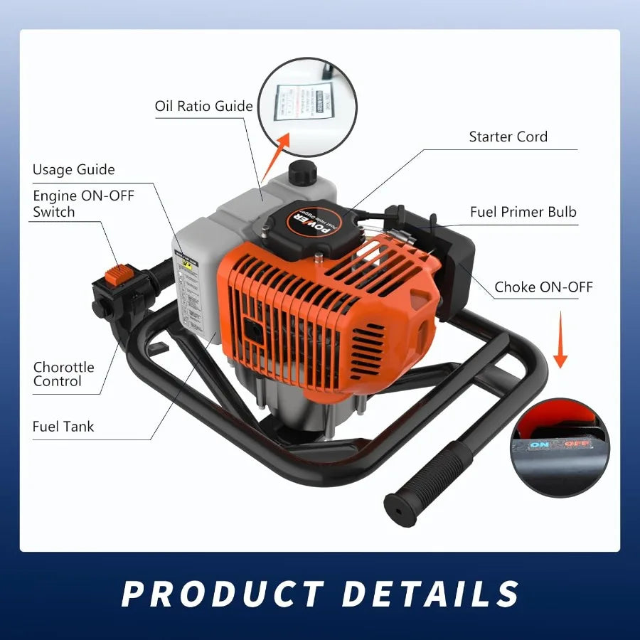 62cc 2-Stroke Gas Powered Auger Post Hole Digger with 2 Extension Rods 68 Auger Bits for Fencing Gardening Construction Heavy D