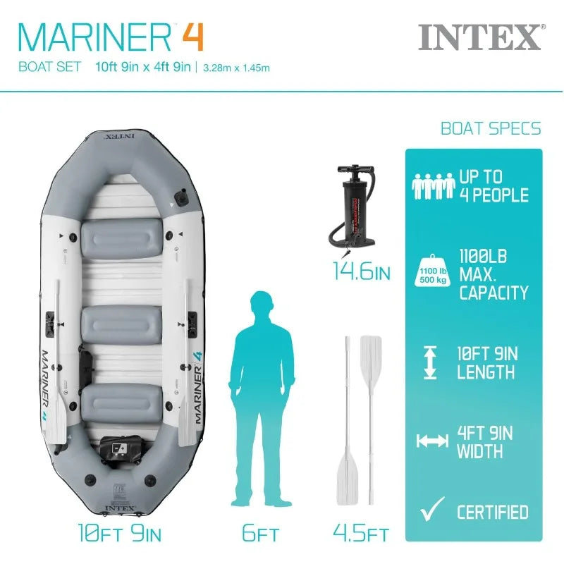 INTEX Mariner Inflatable Boat Series: Includes Deluxe Boat Oars and High-Output Pump – SuperTough PVC – Wear-Resistant Keel