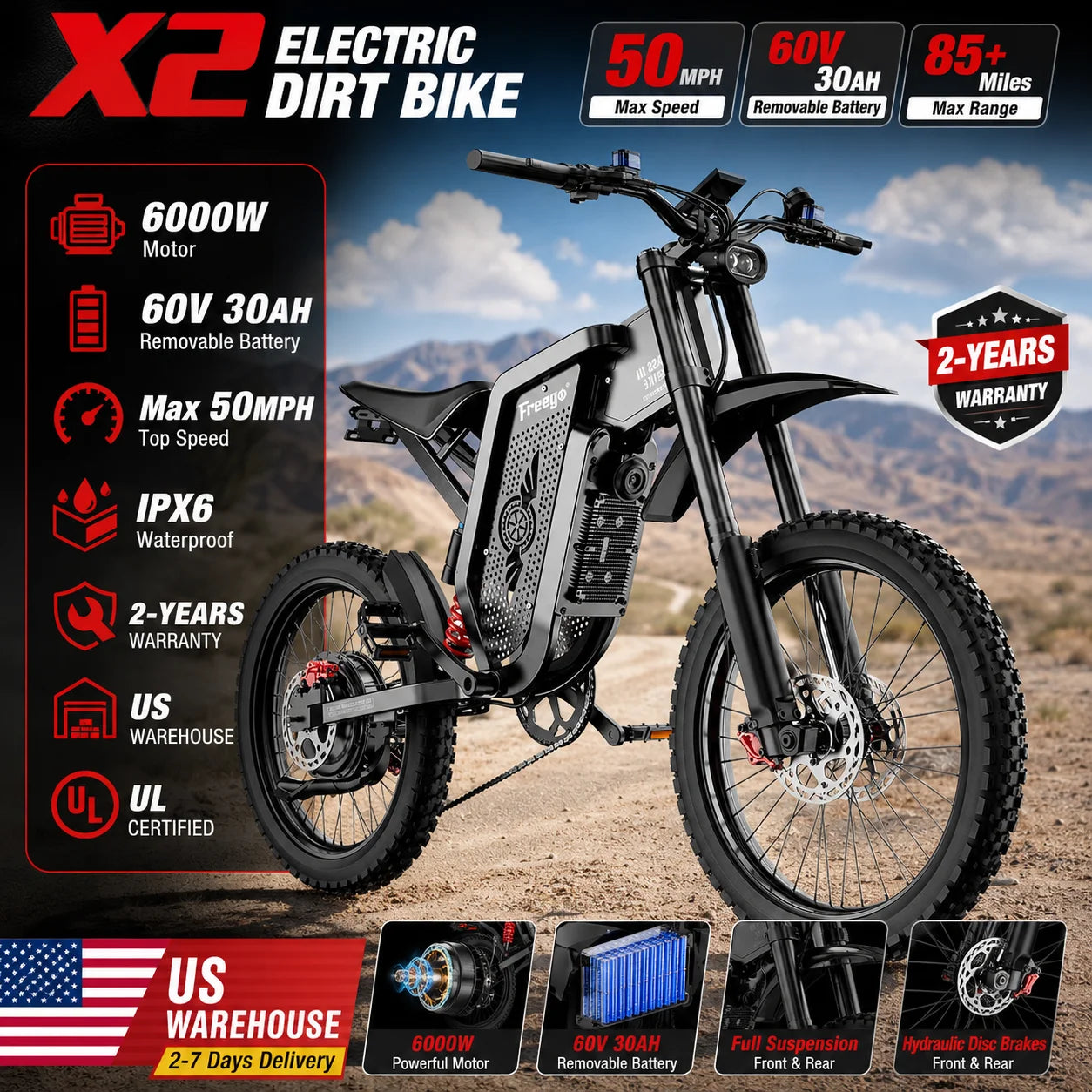 Freego X2  Electric Dirt Bike 6000W Motor 60V 30Ah Removable Battery Max 50Mph Electric Motorcycle 19" x2" Tire ULCertifications