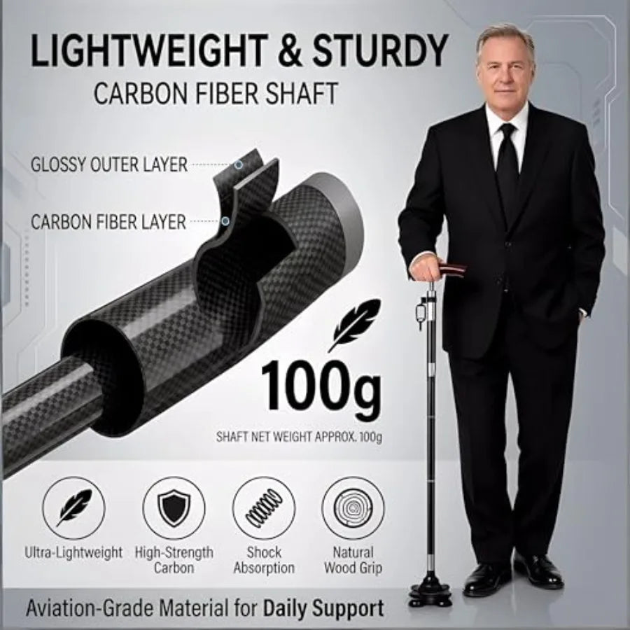 Carbon Fiber Cane for Men and Women Folding Walking Cane with Adjustable Height 31-35 inches 4-Prong Base Wenge Wood Handle Lig