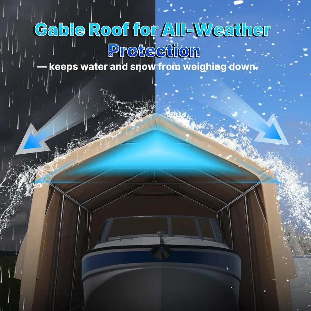 10x15 ft Shelter Storage Shed Steel Metal Peak Roof Portable Garage Carports for Motorcycle, Boat or Garden Tools, Customized