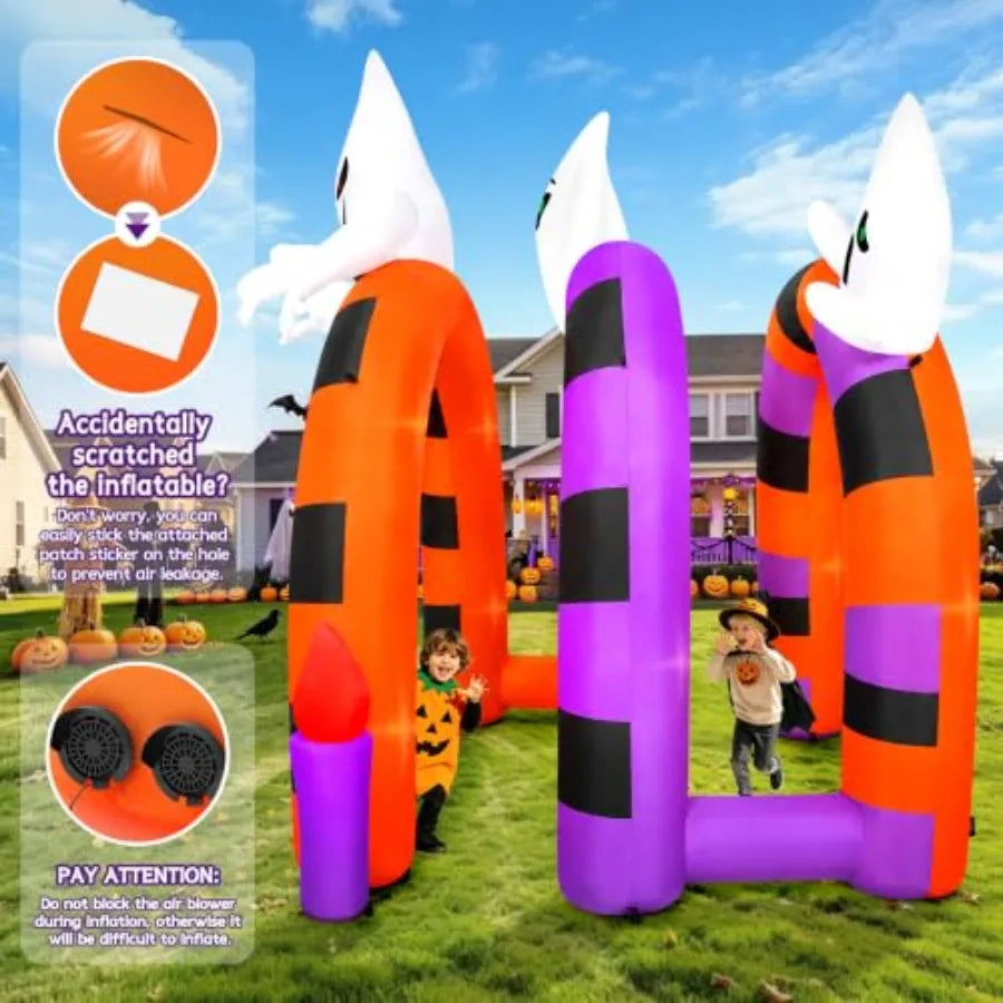 Outdoor Halloween inflatable arch tunnel with ghost design, PVC material, white color, weather-resistant and quick-setup for ya