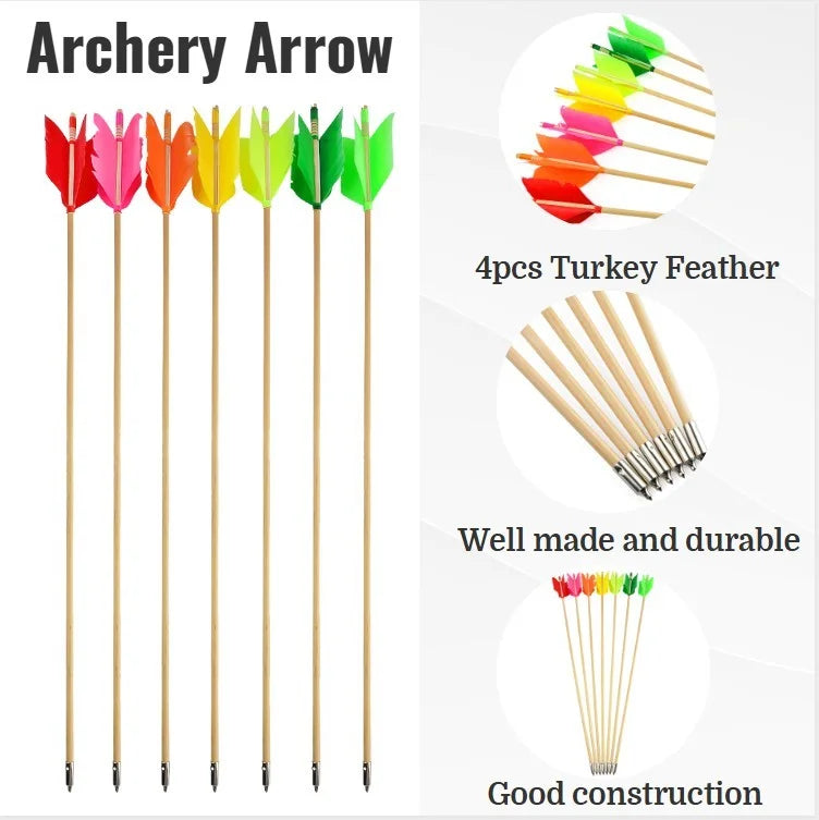 Wood Arrows 7pcs 32" (80cm) 8.5mm OD Handmade with Turkey Feathers for Recurve Traditional Bow Archery Shooting Target Hunting Outdoor Sports Accessories