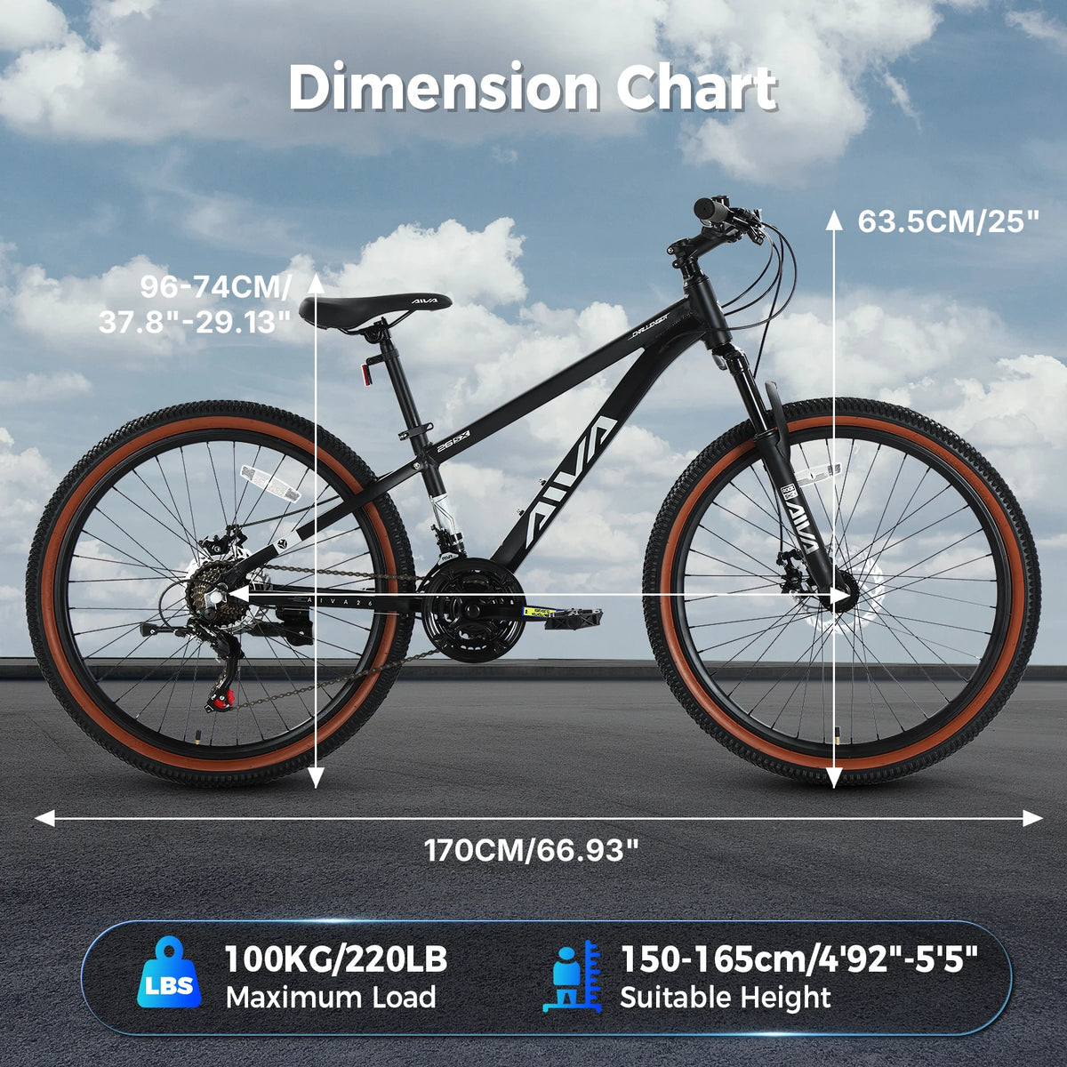 AIVA MT26FS2 26 Inch Mountain Bike, 21 Speed Hardtail MTB, Bicycle for Teenagers and Adults, Lightweight Aluminum Frame, Suspension Fork, Front & Rear Disc Brakes