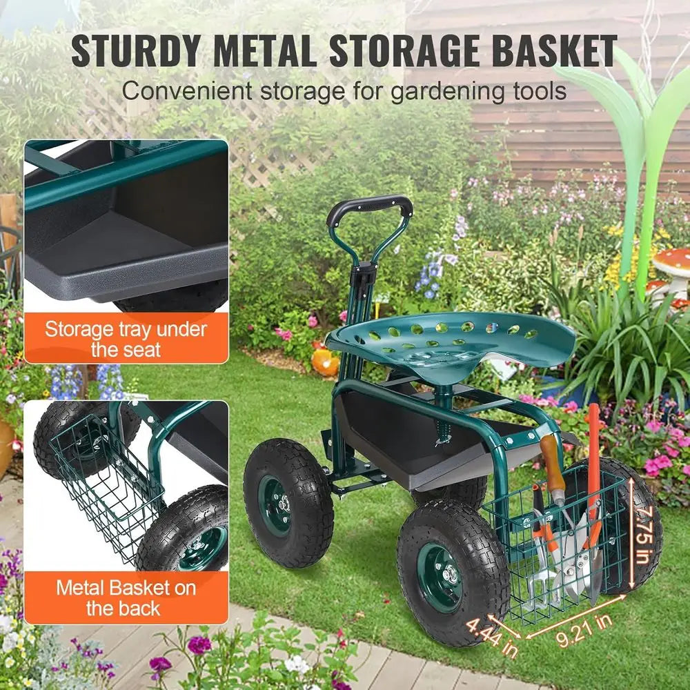 360° Swivel Garden Cart with Seat, Rolling Workstation, Patio and Yard Utility Scooter, Green