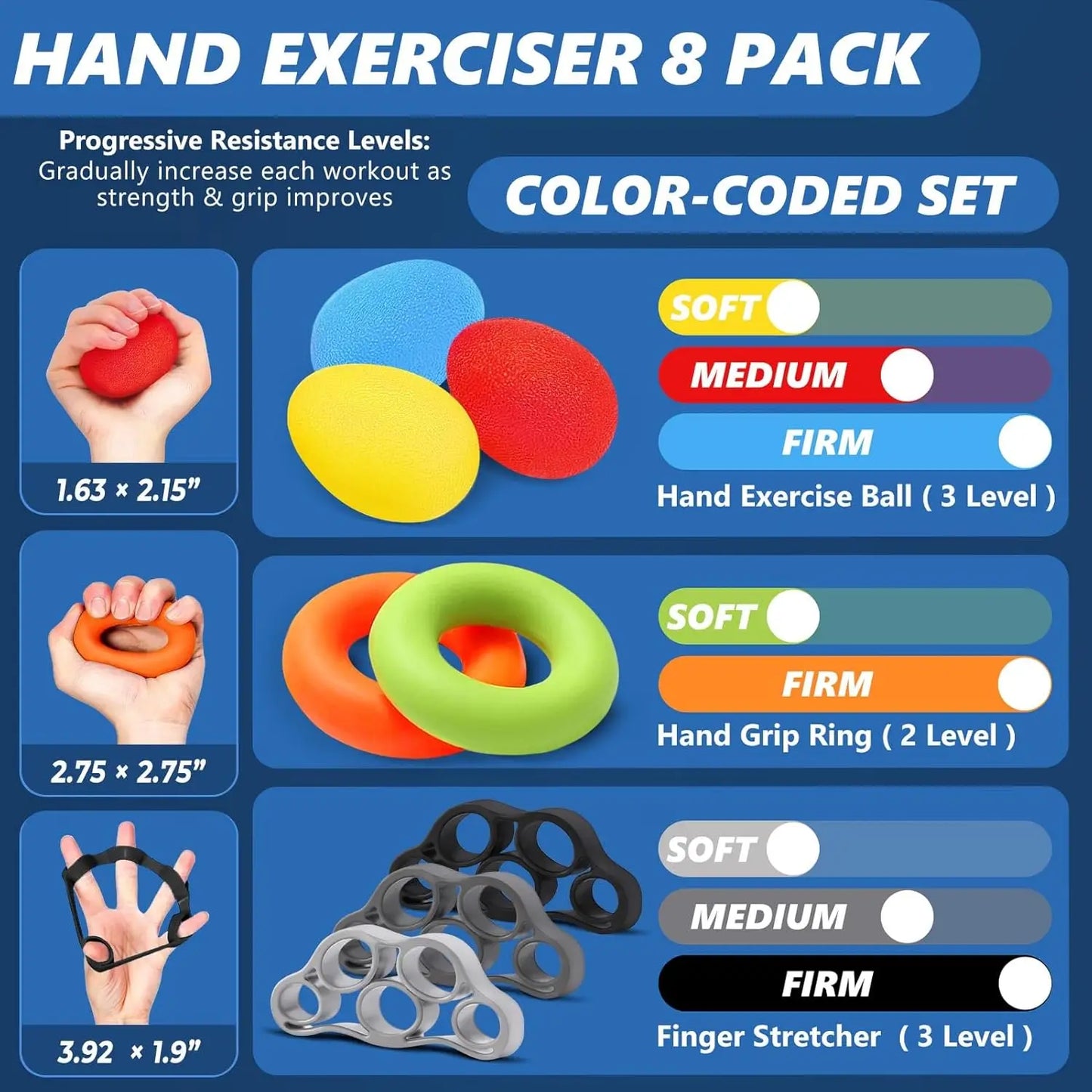 8-Pack Hand Grip Strengthener Set, Forearm Exercise Equipment with Stress Balls, Finger Stretchers for Physical Therapy