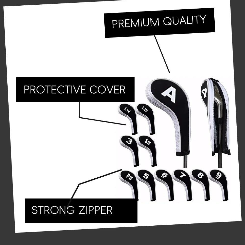 Complete Golf Club Protection Set – 12 Neoprene Covers with Number Print Zippered Driver Head & Long Neck for All Irons