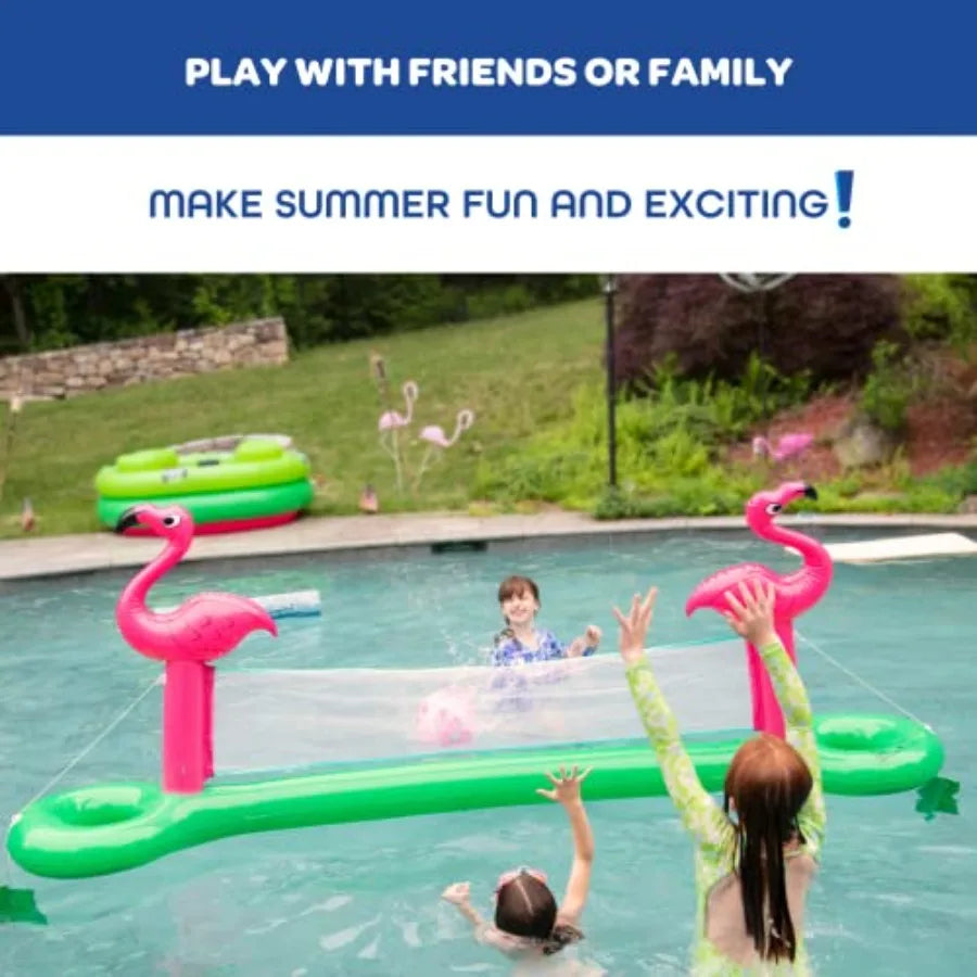 Giant Inflatable Flamingo Volleyball Net Set w/Ball - 12 ft Long Durable PVC Material - Perfect for Outdoor Backyard Swimming P