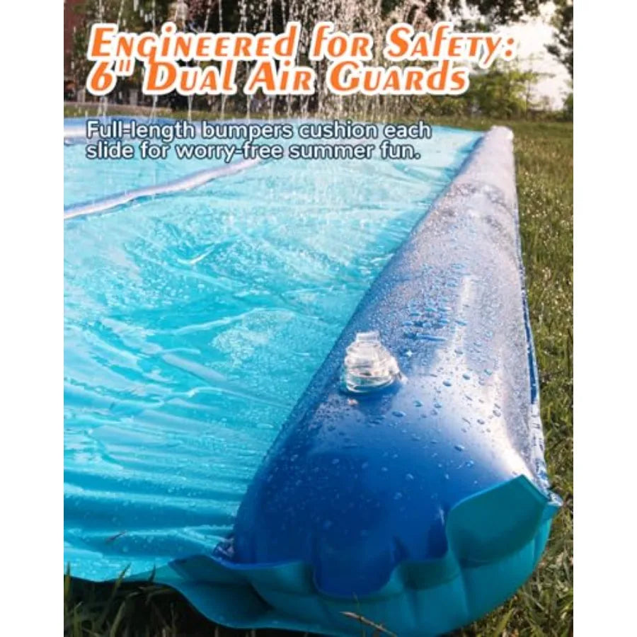 Backyard slip and water slide for kids and adults, 2-lane extra-long inflatable with sprinkler and bodyboards, heavy-duty PVC b