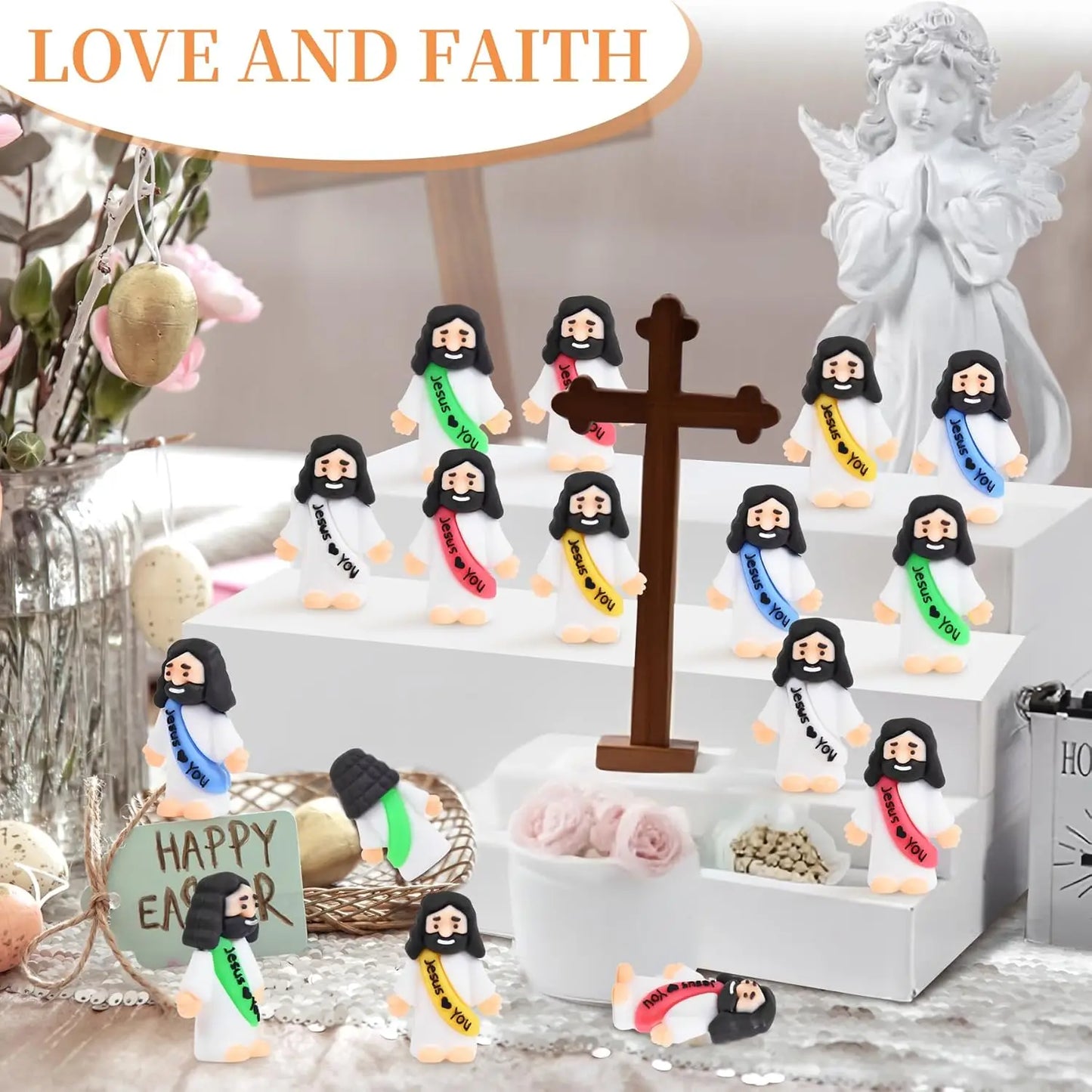 100 Pcs Mini Jesus Figurines Bulk, Tiny Rubber Jesus Loves You Figures for Easter Egg Stuffers, Sunday School Gifts, Baptism Favors