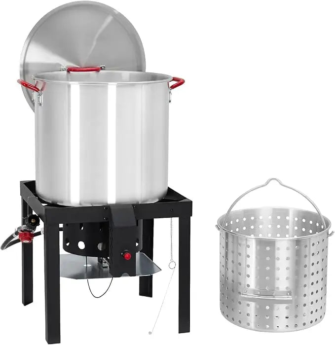 100 Qt Turkey Deep Fryer Pot, Aluminum Seafood Boil Pot with/Strainer & Burner Set Crawfish Boiler, 110000 BTU Propane Stove Burner with Stock Pot, Basket Lid, Outdoor Cooking Shrimp Crab Boiler