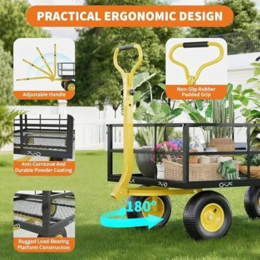 Heavy Duty Steel Garden Cart for outdoor use black steel 1200 LBS capacity 10-inch tires 180 rotating handle ATV/tractor compat