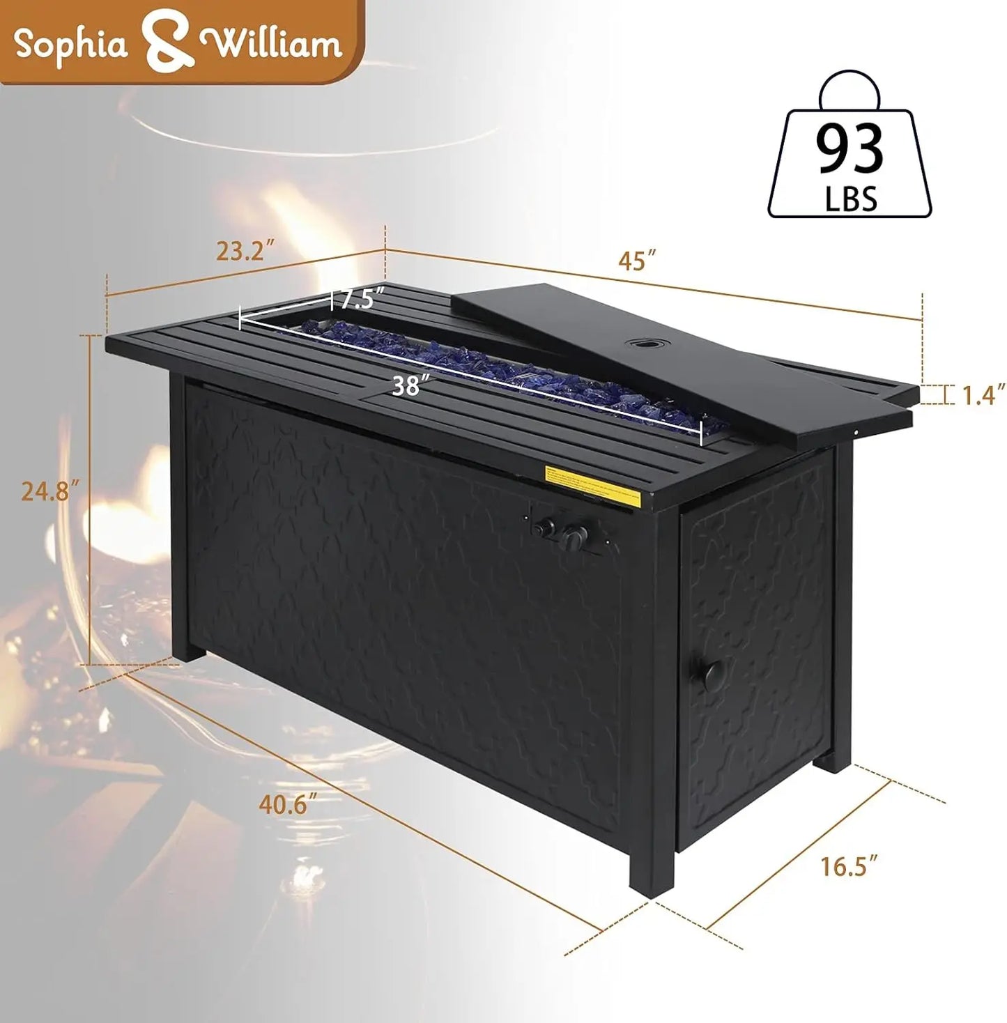 Propane Gas Fire Pit Table 45 Inch 50,000BTU Rectangular Outdoor Firepits for Outside Patio with Lid and Blue Fire Glass, Black
