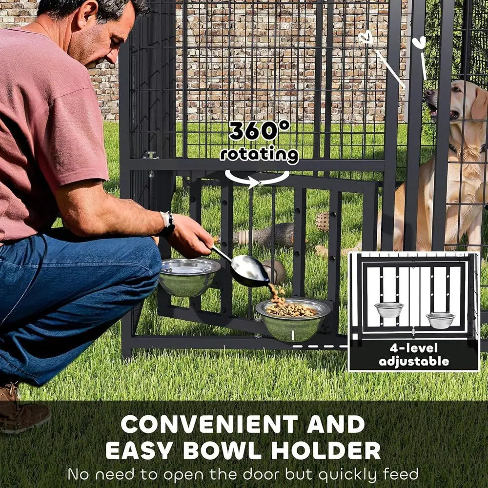 Outdoor Dog Kennel with Roo, 8' x 4' x 6' Heavy Duty Welded Wire Dog Playpen Enclosure with Ese-Proo Lock, Adjustable Bowls, UV-