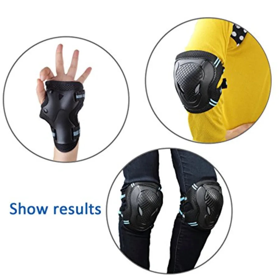 Skateboard Protection Pads Set with Helmet for Youths BMX Cycling Rollerblading Black 6pcs Elbow Knee Wrist Pads Head M 20.5-22