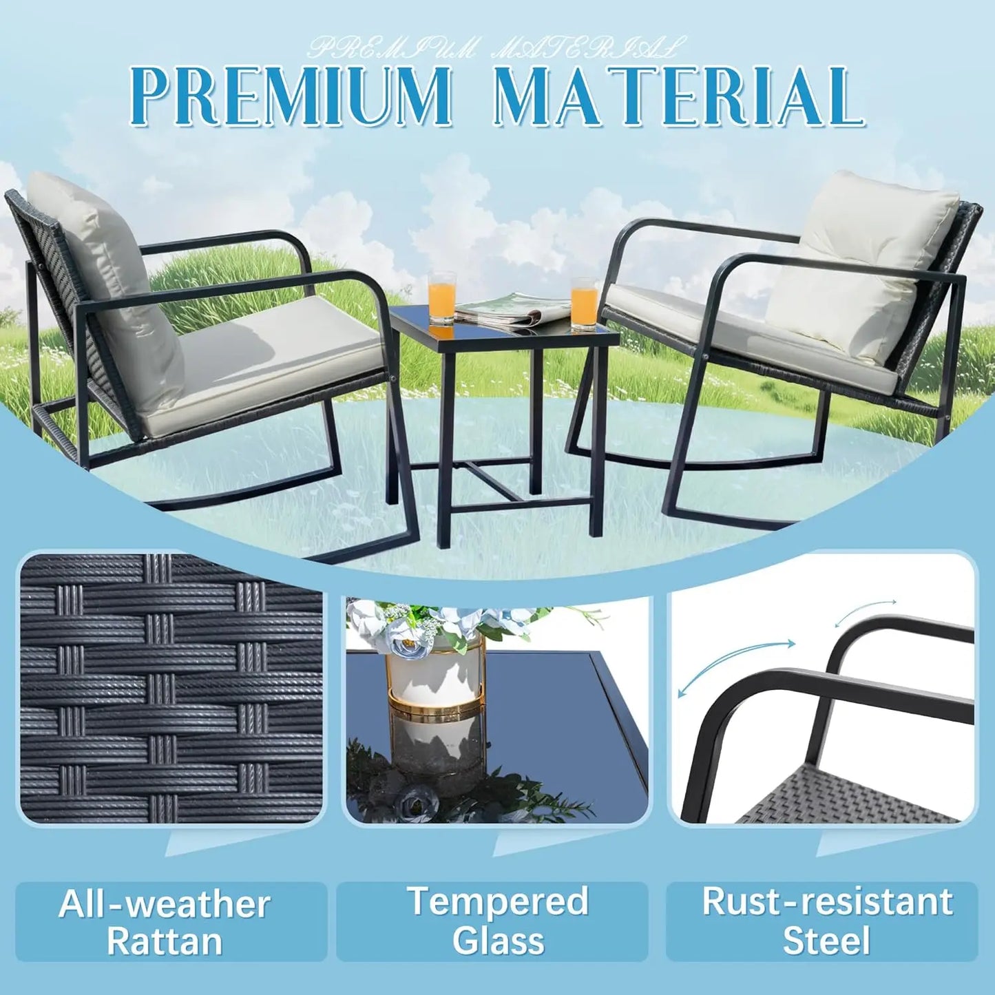 Patio Chairs 3 Piece Wicker Rocking Chair Outdoor Bistro Sets with Coffee Table and Cushions Metal Frame Patio, Customized