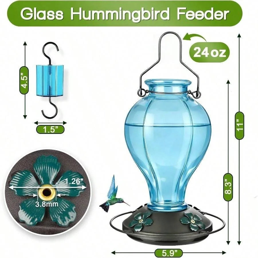 【New style】Glass Hummingbird Feeders Outdoors Hanging, 24oz Wild Bird Feeder With Ant Moat And 360 Perch, Resistant Ports, Outs
