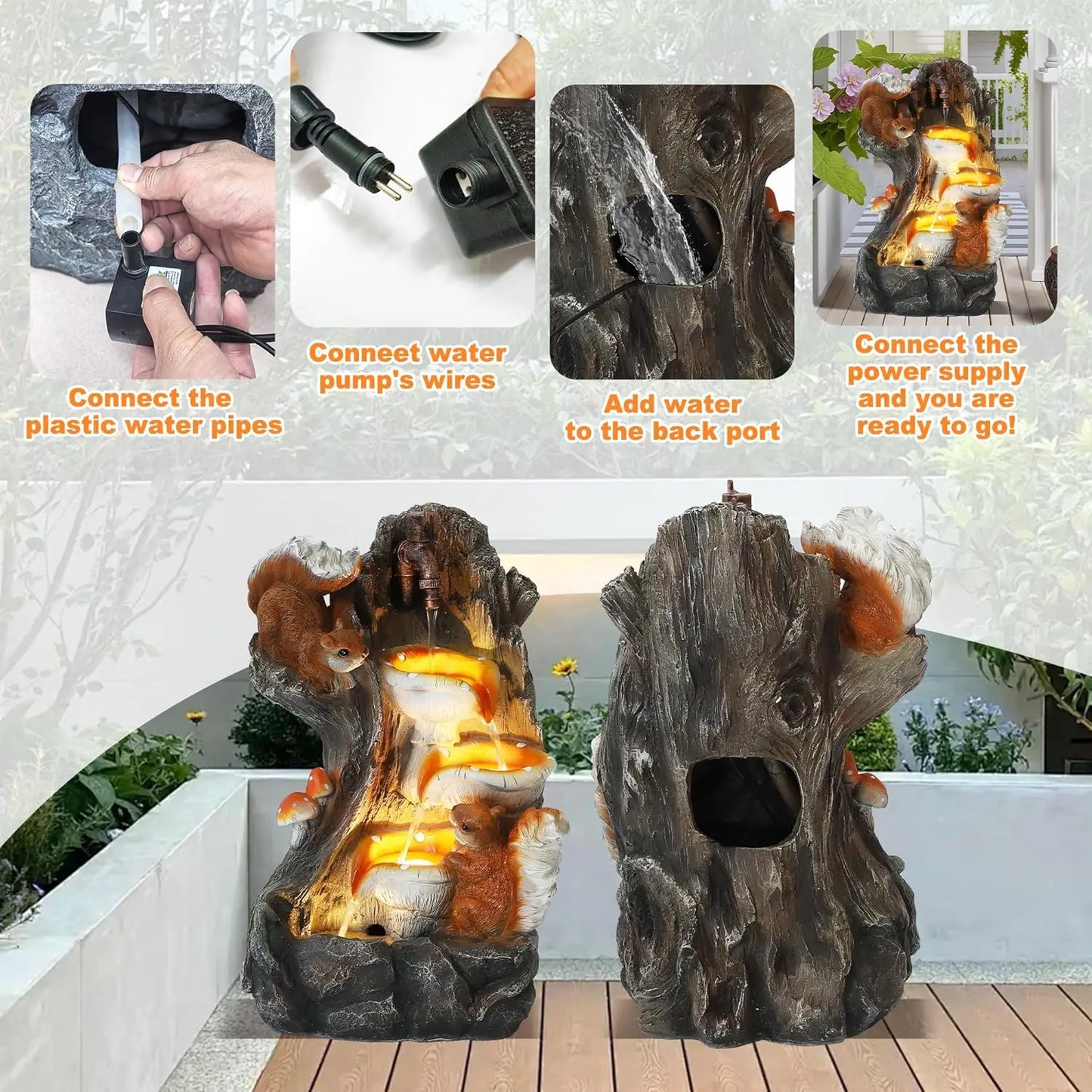 Outdoor Water Fountain, Garden Decor Outside Indoor Waterfall Cascading Rock Fountain with Retro Decorative Faucet