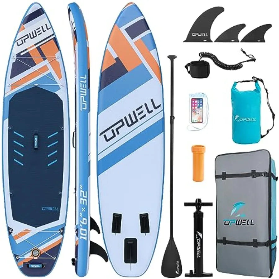 Inflatable Stand Up Paddle Board for outdoor water sports, durable PVC material, blue color, includes backpack, repair kit, non