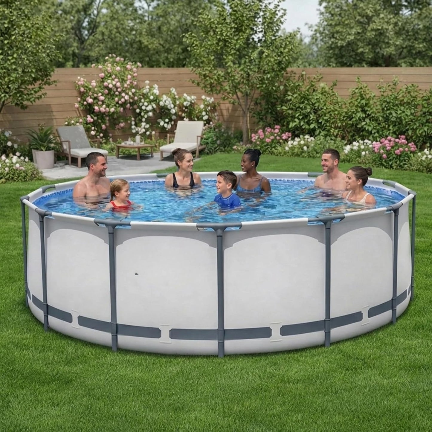14ft Round Metal Frame Above Ground Swimming Pool Set with Filter Pump Ladder & Cover, Outdoor Backyard, Custom