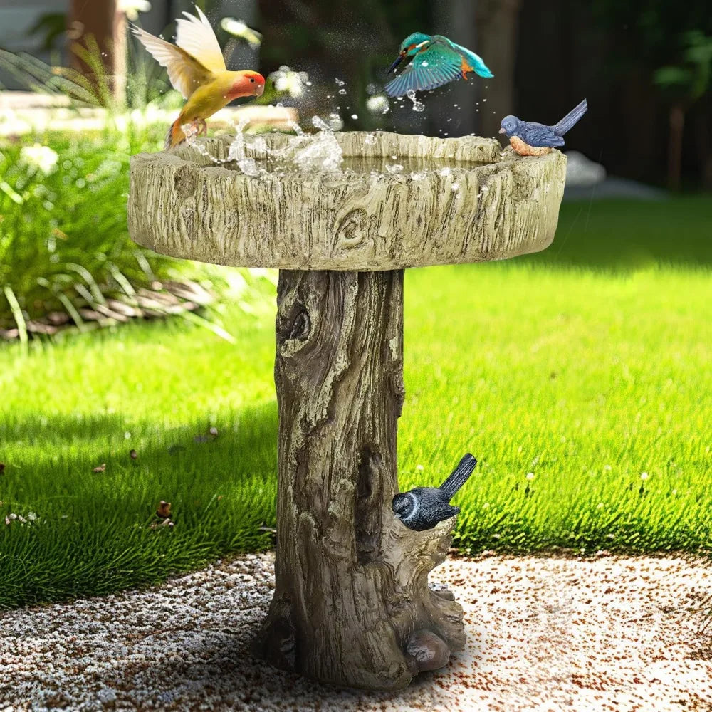 24.4 Inch Heigh Wood-Look Concrete Bird Bath with Decorative Faux Bird, birdbath Rustic & Long-Lasting Design
