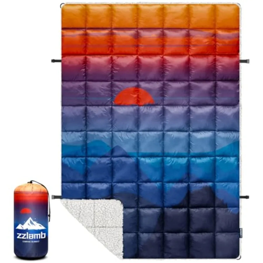Outdoor Camping Blanket with Sherpa Lining, Puffy Thick Camp Quilt for Sleeping, Packable Warm Wearable Fleece Blankets for Col