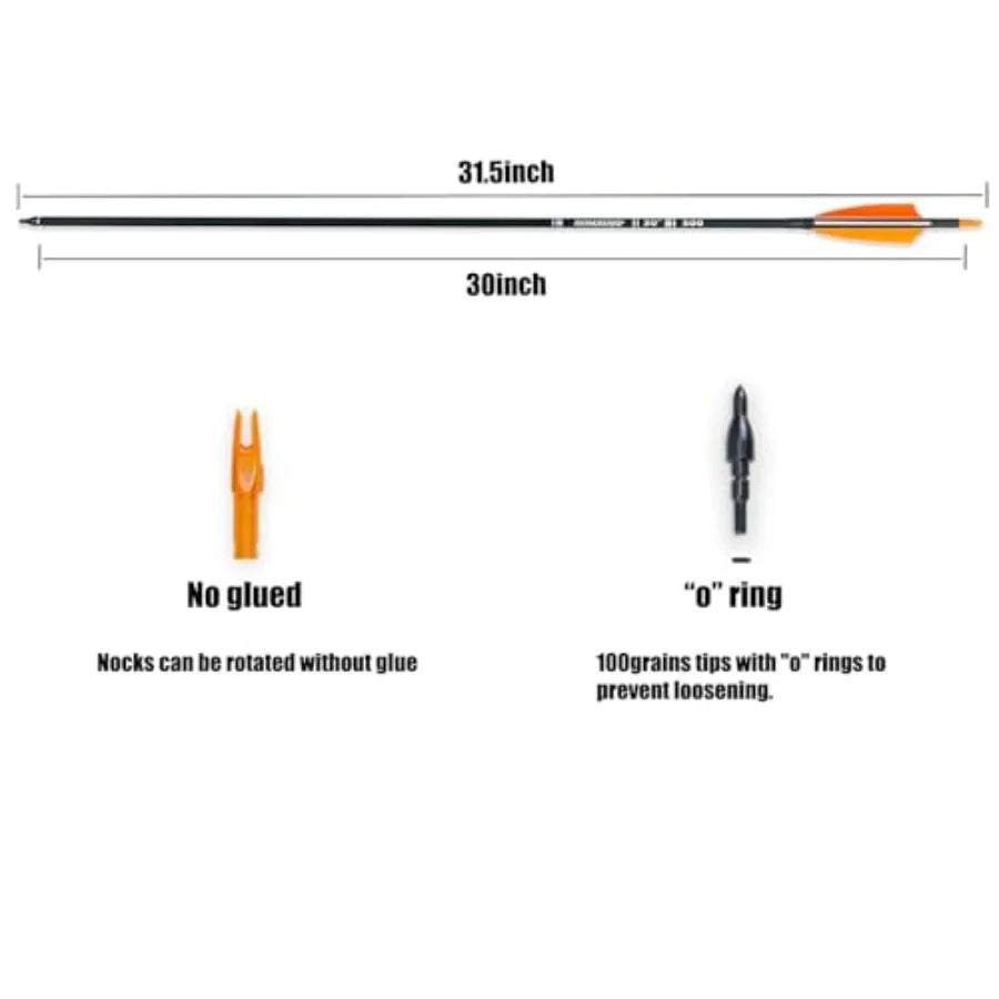 30" CarbonArrows Archery Target Practice Hunting Arrows with 4" Turkey Feather fletched Spine 500 Arrow for Traditional Bow(12)