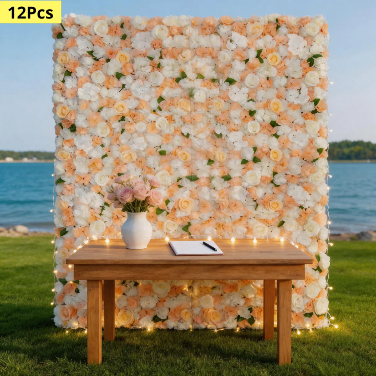 12 Pack 15 X 15 Inch Artificial White Roses Wall Decor, White Flower Panels Backdrops for Wedding Party Bridal Shower Corporate