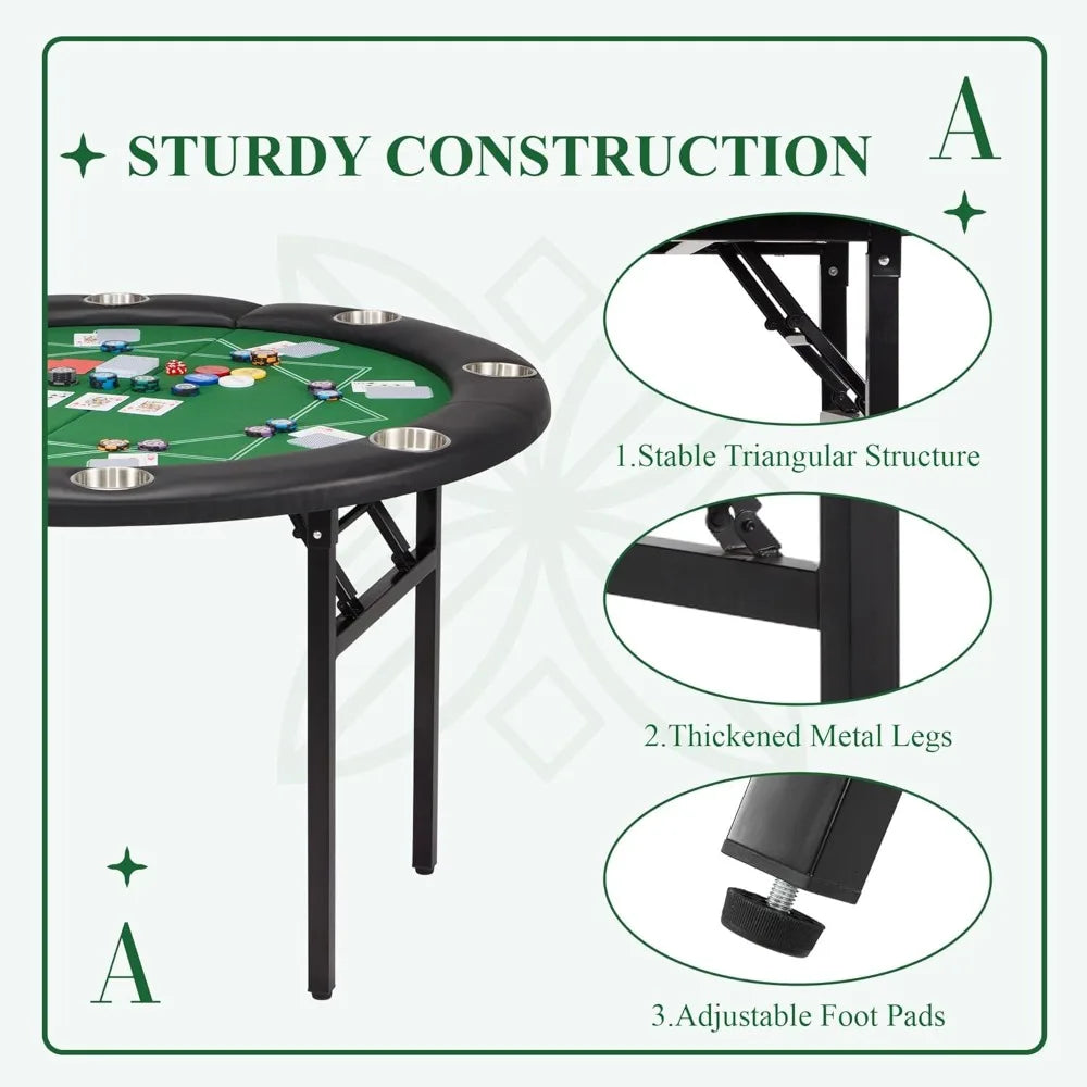 8 Players Poker Table Foldable, Round Casino Texas Holdem Table with Stainless Steel Cup Holders & Faux Leather Padded