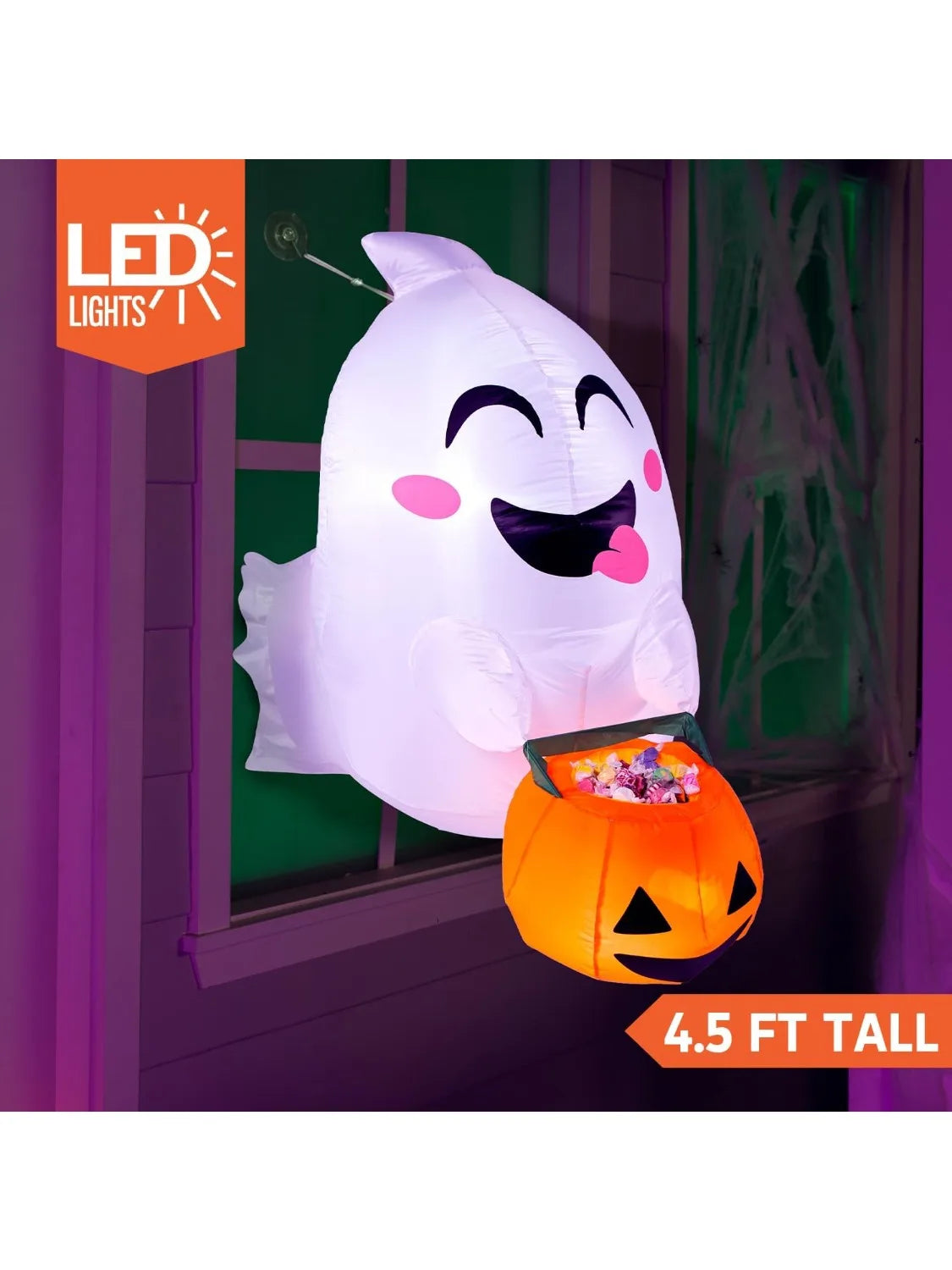 4.5 ft Tall Window Ghost  Halloween Inflatable Outdoor Decorations Blow Up Halloween Yard Decorations Inflatable Decor Blow Up Ghost with Candy Basket for Window Decor