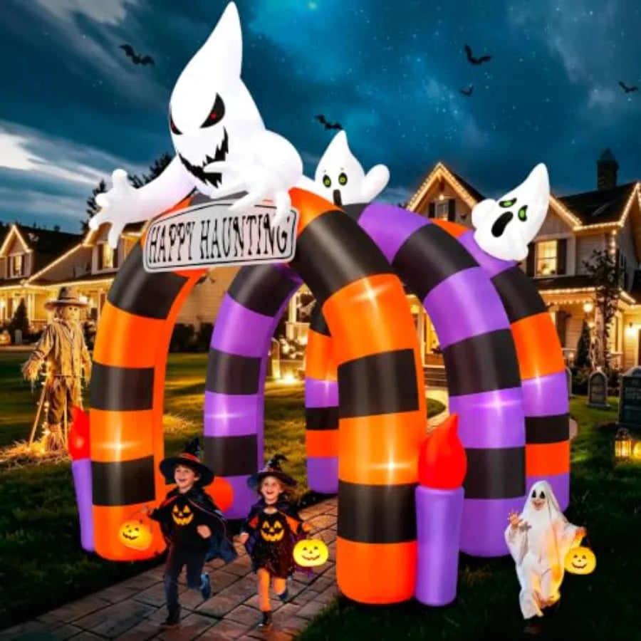 Outdoor Halloween inflatable arch tunnel with ghost design, PVC material, white color, weather-resistant and quick-setup for ya