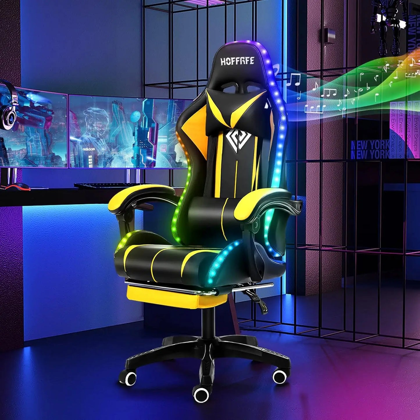 RGB Gaming Chair with Speakers Massage Computer Gaming Chair with LED Lights and Footrest High Back Video Game, Customized
