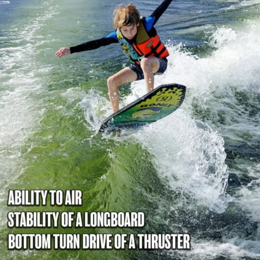 ' wakesurfing board for all skill levels: yellow/green polyethylene board with extended tail surface and Turbo 3000 fin for enh