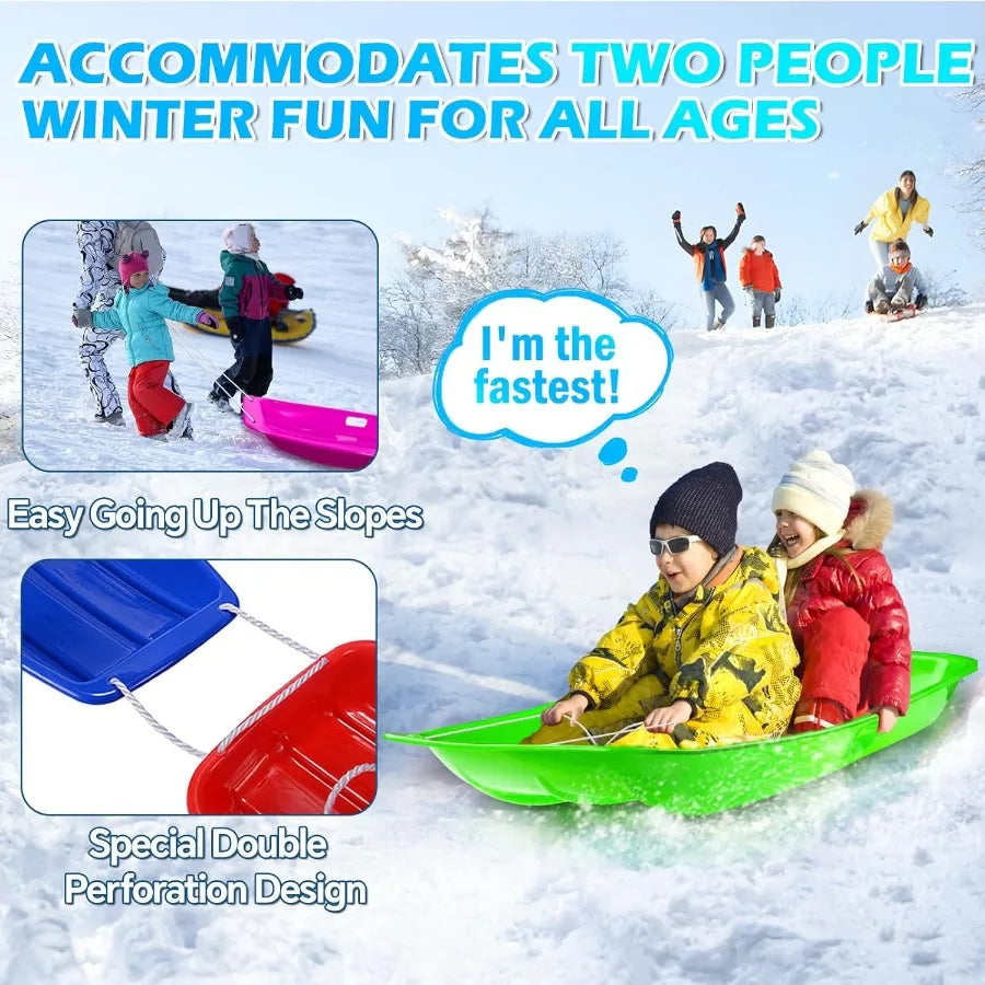 35 Heavy Duty Snow Sled for and Adults - Downhill Sprinter Toboggan with 2 Handles and Pull Ropes Red Winter Sledding Gift for