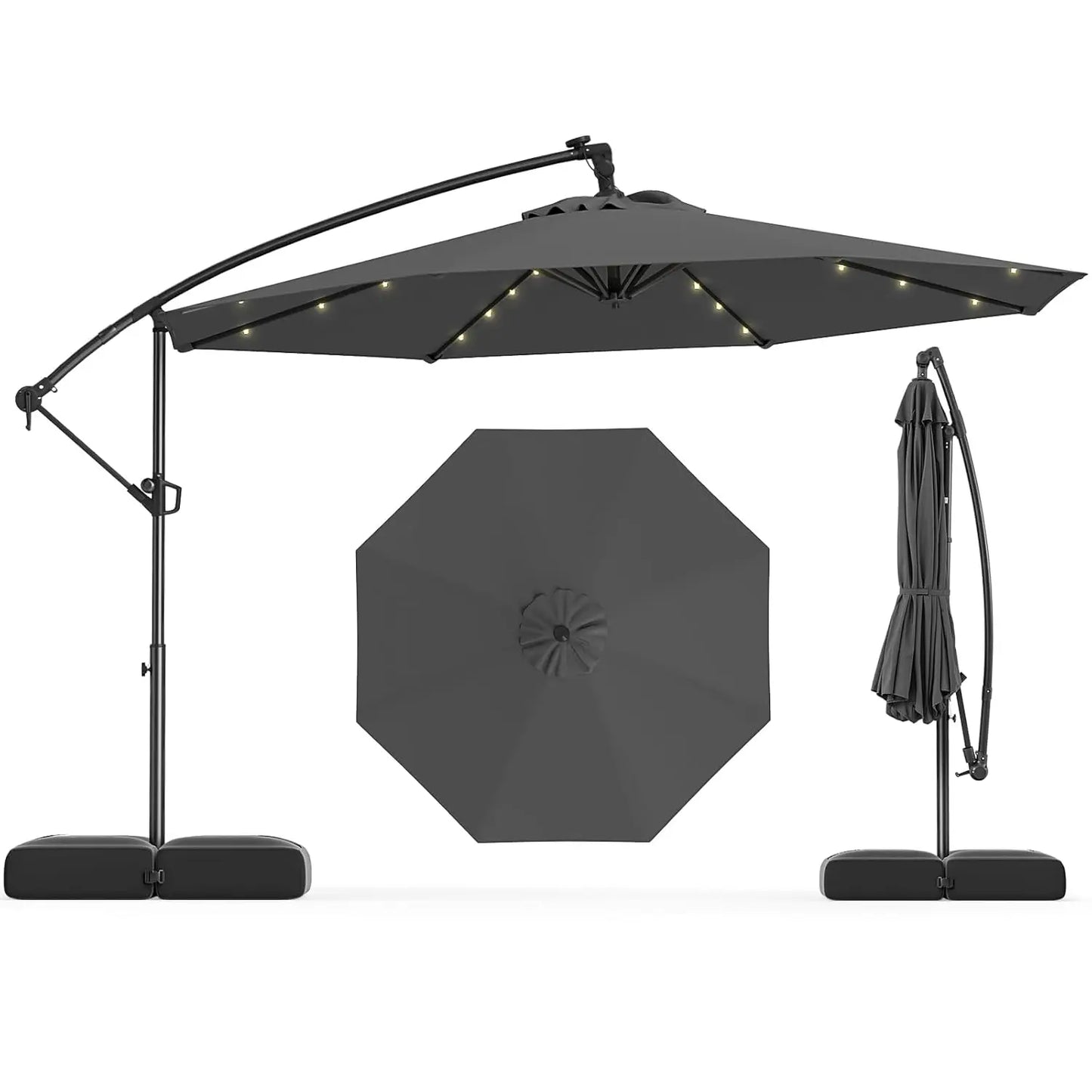 10ft Solar Patio Umbrella with Base Included, Offset Cantilever Outdoor Umbrella with 32 LED Lights, Infinite Tilt,  Customized