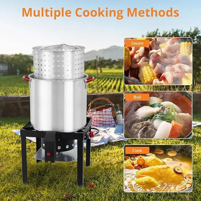 100 Qt Turkey Deep Fryer Pot, Aluminum Seafood Boil Pot with/Strainer & Burner Set Crawfish Boiler, 110000 BTU Propane Stove Burner with Stock Pot, Basket Lid, Outdoor Cooking Shrimp Crab Boiler